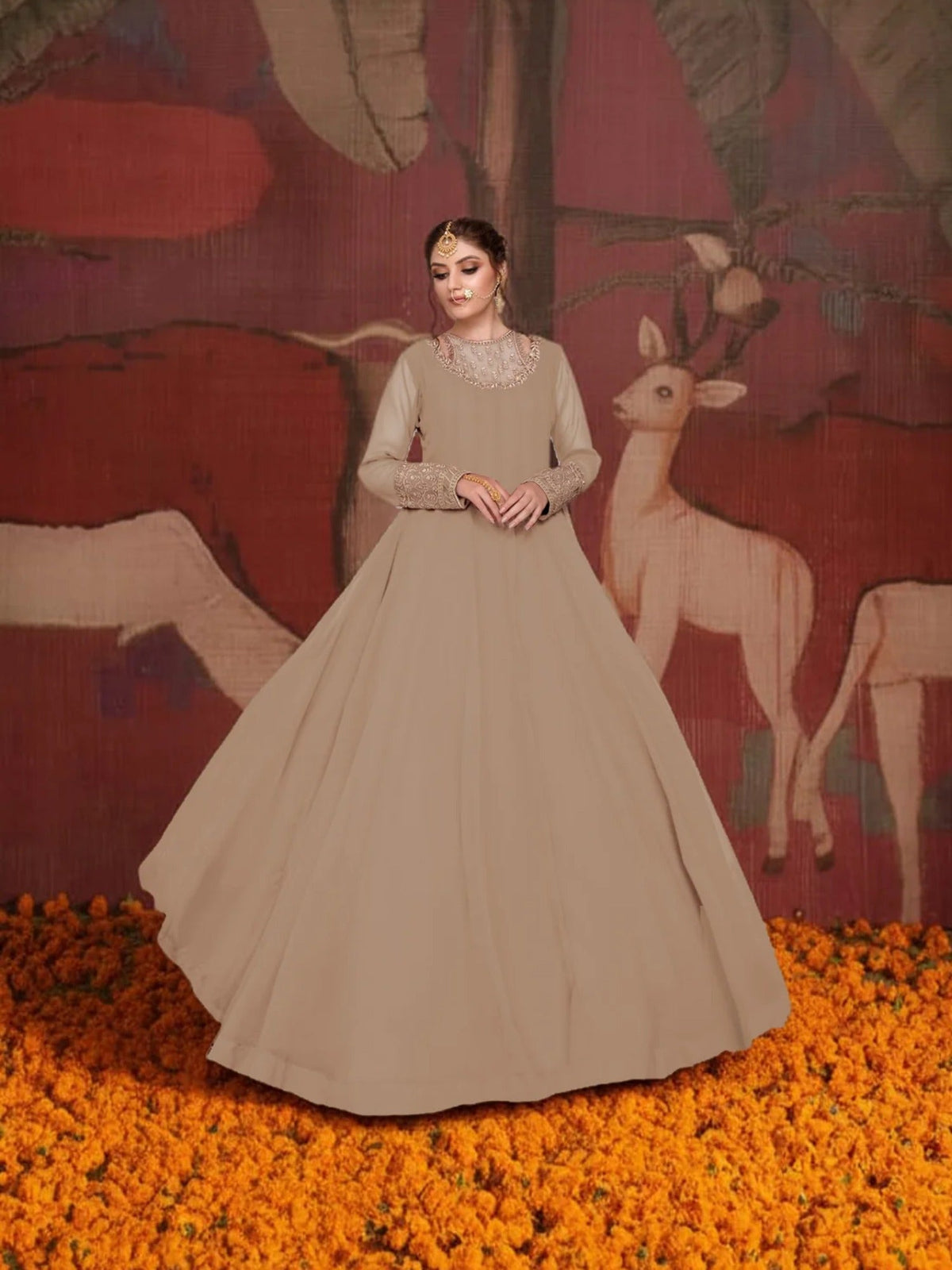 Brown-Hani & Umaima Chiffon Embroidered Pishwas-Abrish