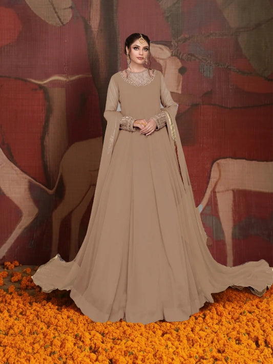 Brown-Hani & Umaima Chiffon Embroidered Pishwas-Abrish