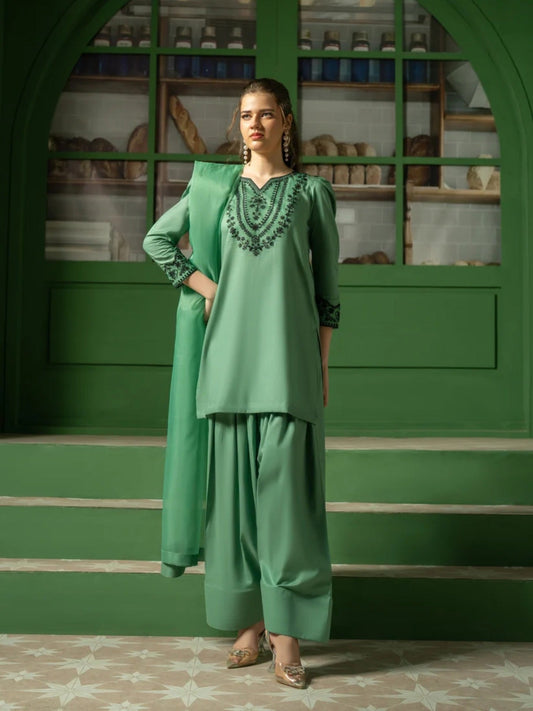 Green-Hani & Umaima Cotton  Embroidered Stitched 3-Piece Suit-Amal