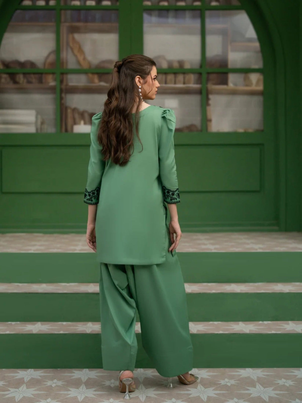 Green-Hani & Umaima Cotton  Embroidered Stitched 3-Piece Suit-Amal