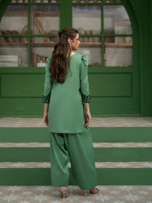 Green-Hani & Umaima Cotton  Embroidered Stitched 3-Piece Suit-Amal
