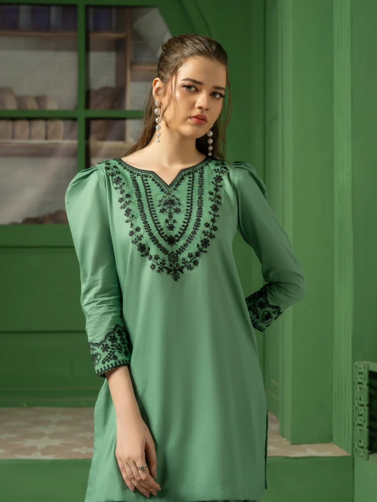 Green-Hani & Umaima Cotton  Embroidered Stitched 3-Piece Suit-Amal