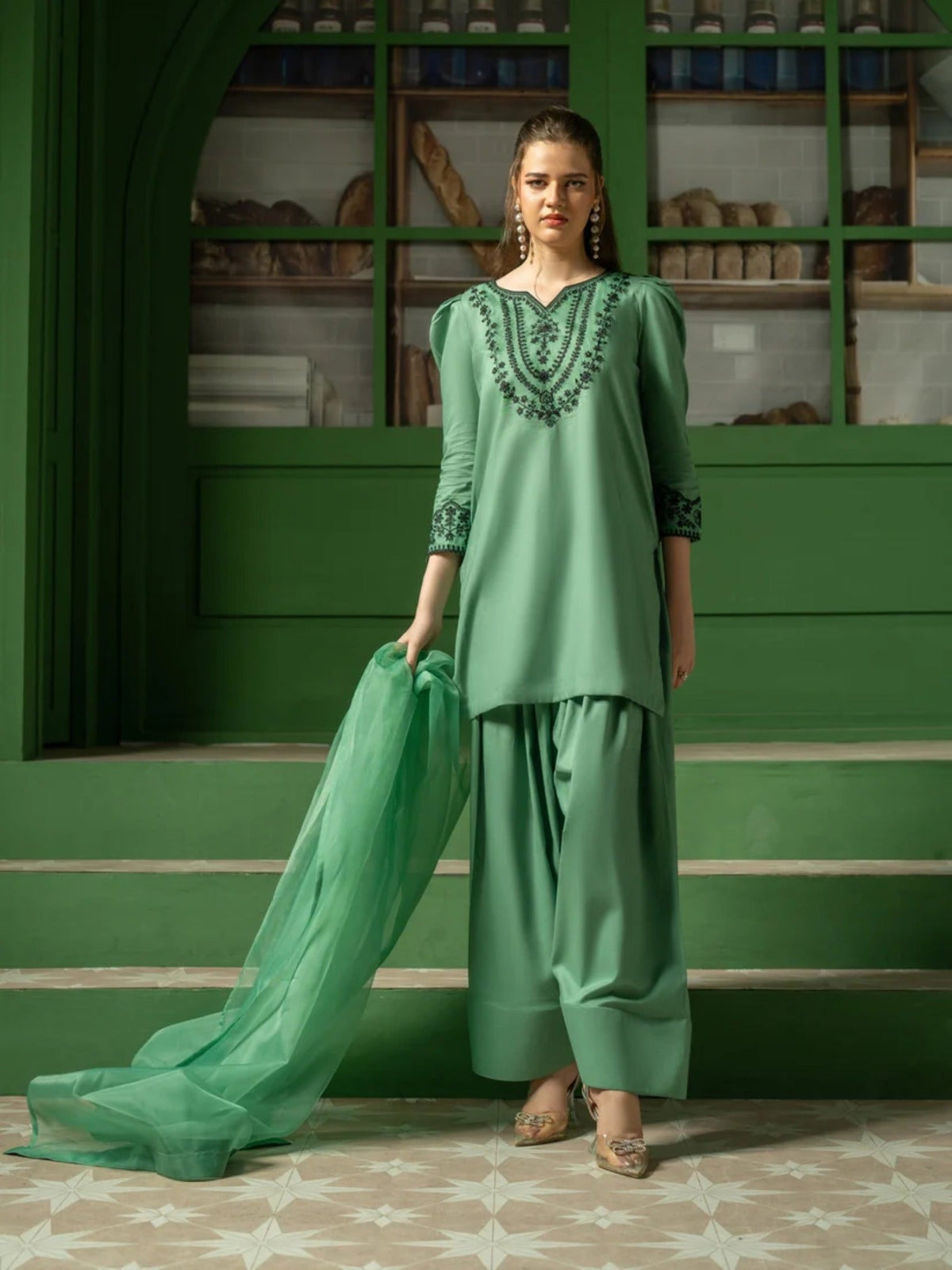 Green-Hani & Umaima Cotton  Embroidered Stitched 3-Piece Suit-Amal