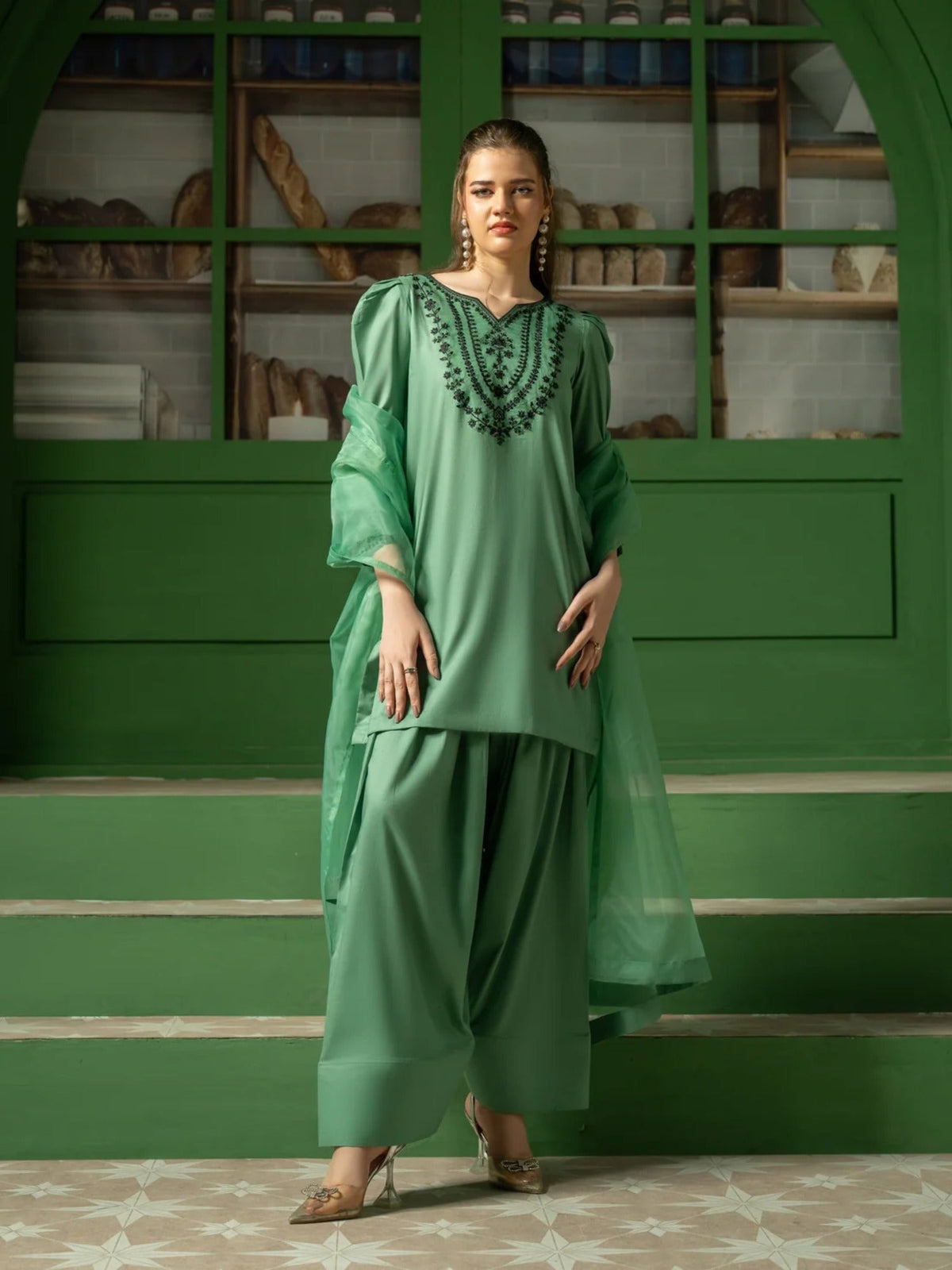 Green-Hani & Umaima Cotton  Embroidered Stitched 3-Piece Suit-Amal