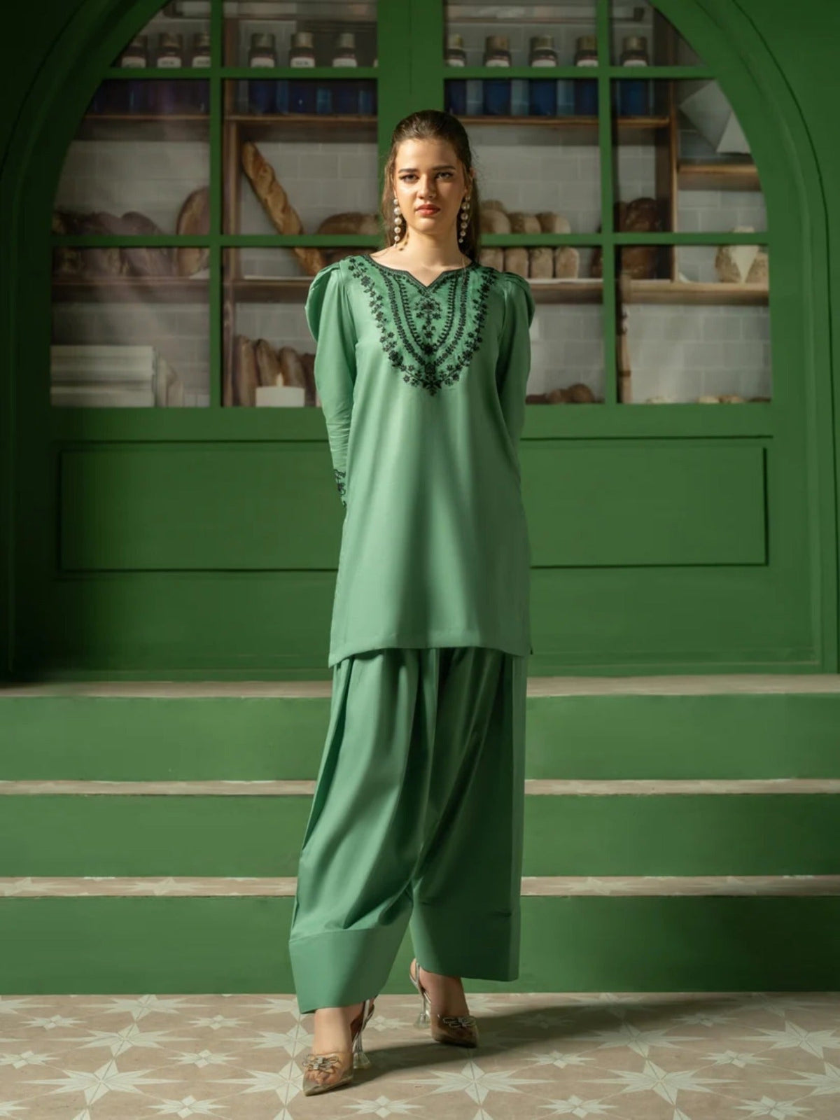 Green-Hani & Umaima Cotton  Embroidered Stitched 3-Piece Suit-Amal
