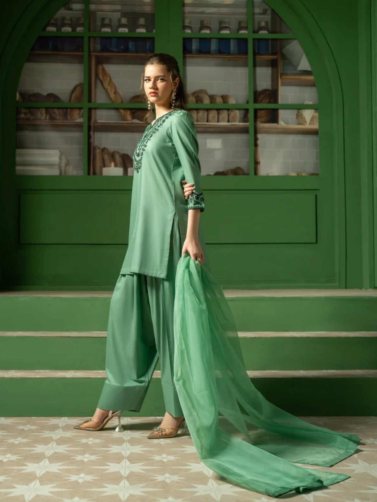 Green-Hani & Umaima Cotton  Embroidered Stitched 3-Piece Suit-Amal