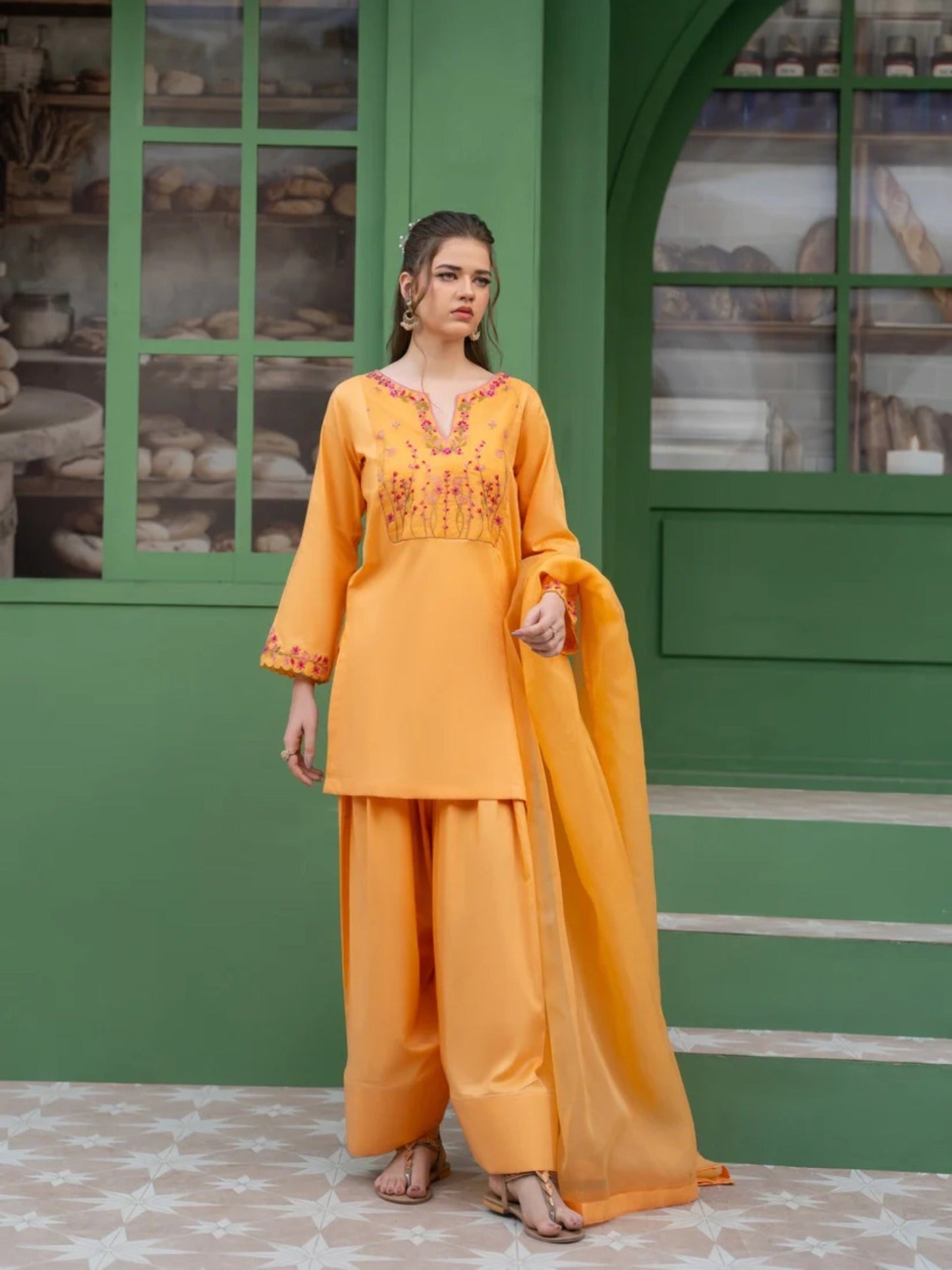 Peach-Hani & Umaima Cotton Embroidered Stitched 3-Piece Suit-Anaya