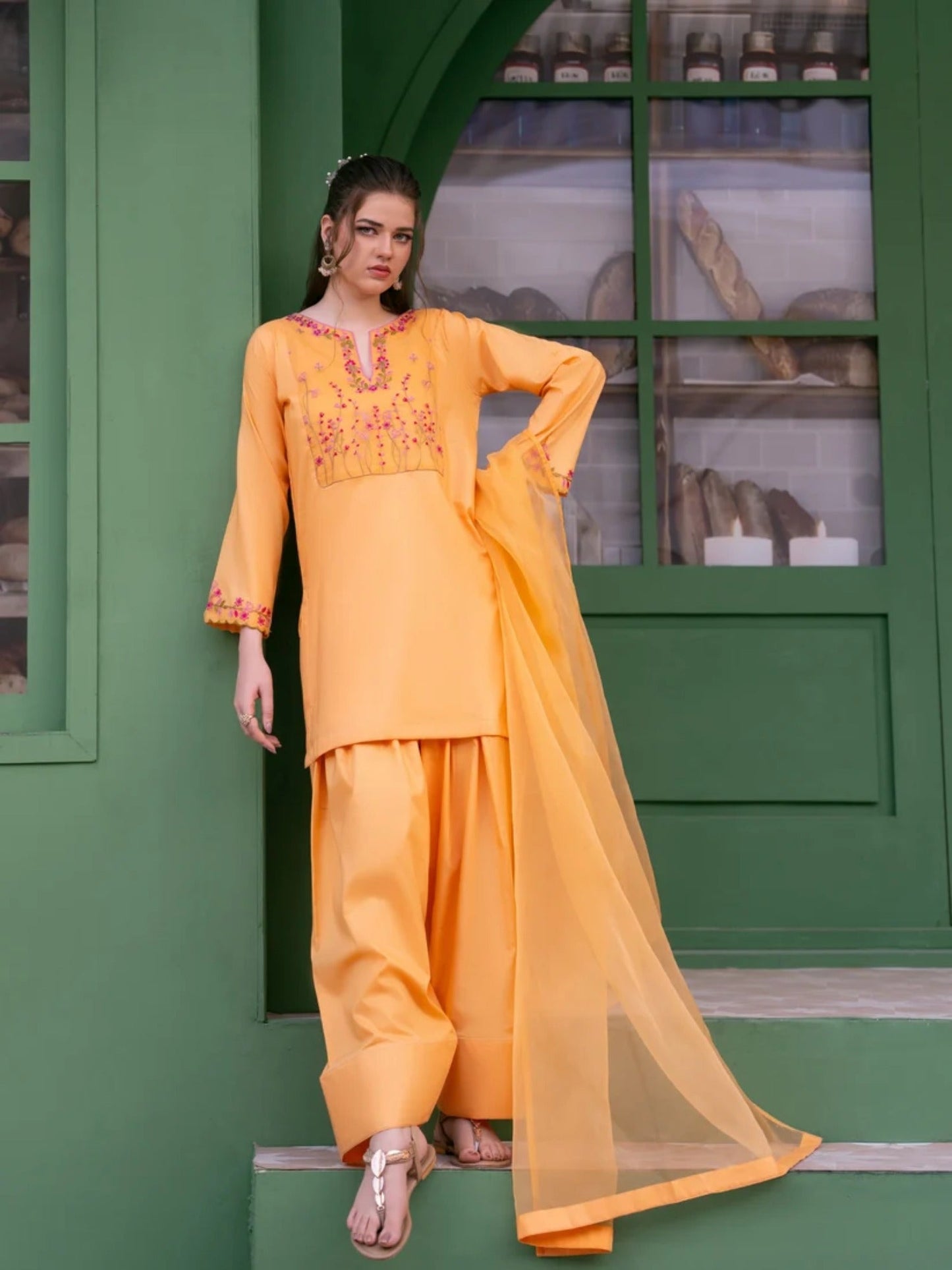 Peach-Hani & Umaima Cotton Embroidered Stitched 3-Piece Suit-Anaya