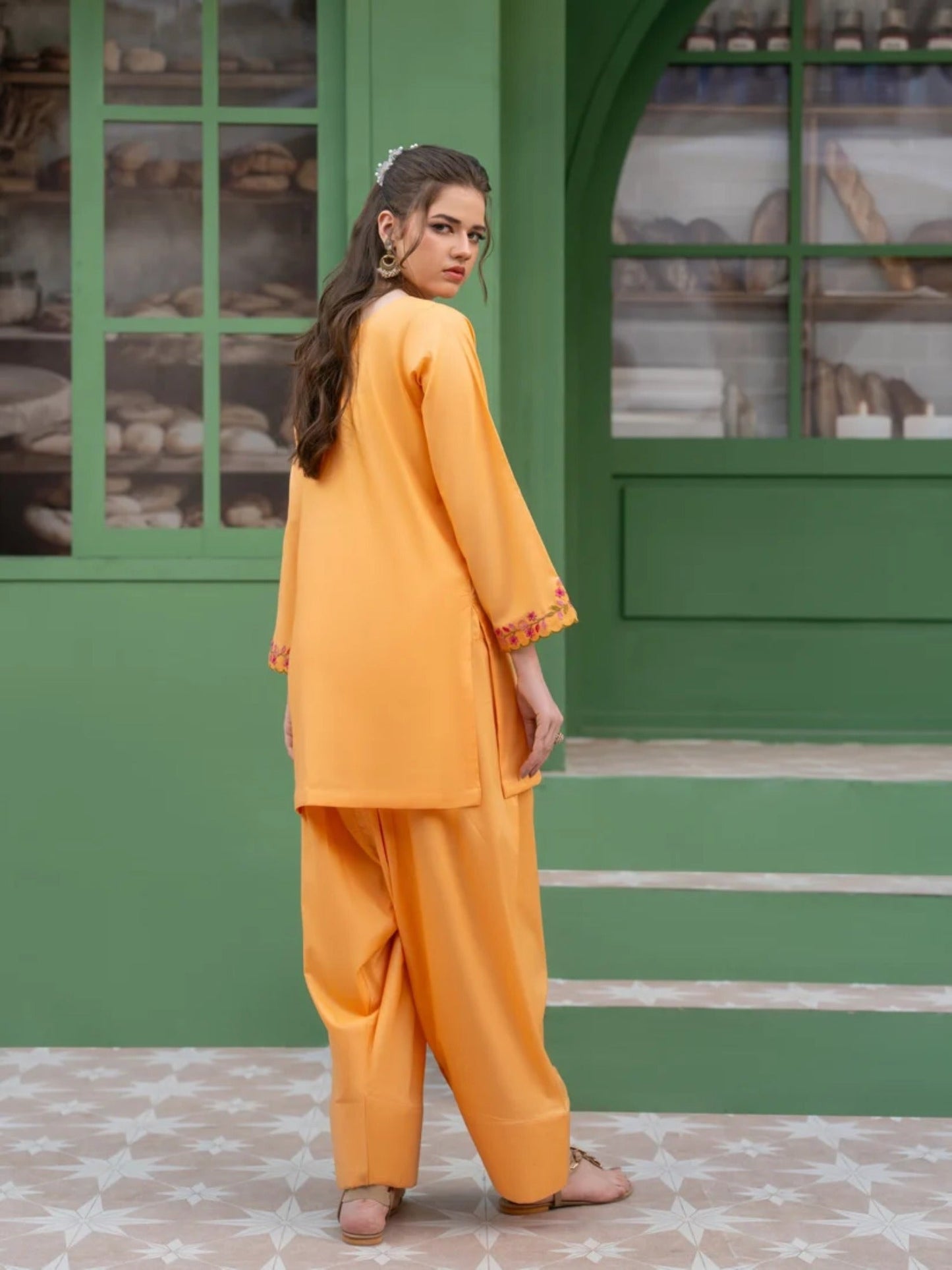 Peach-Hani & Umaima Cotton Embroidered Stitched 3-Piece Suit-Anaya