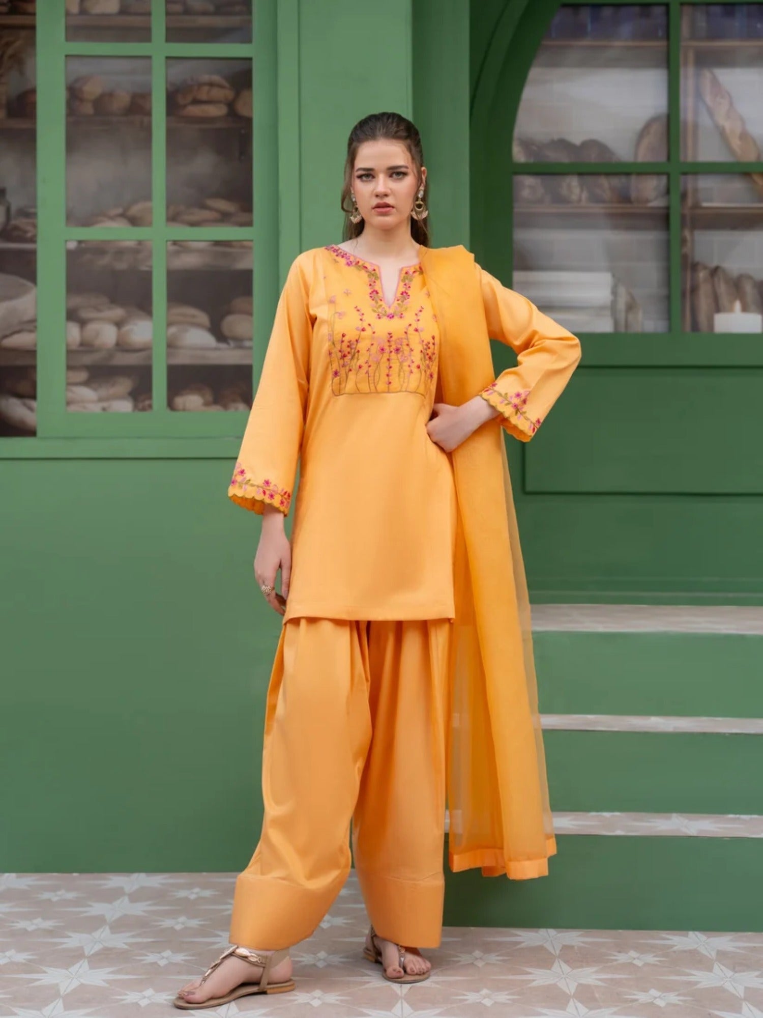 Peach-Hani & Umaima Cotton Embroidered Stitched 3-Piece Suit-Anaya