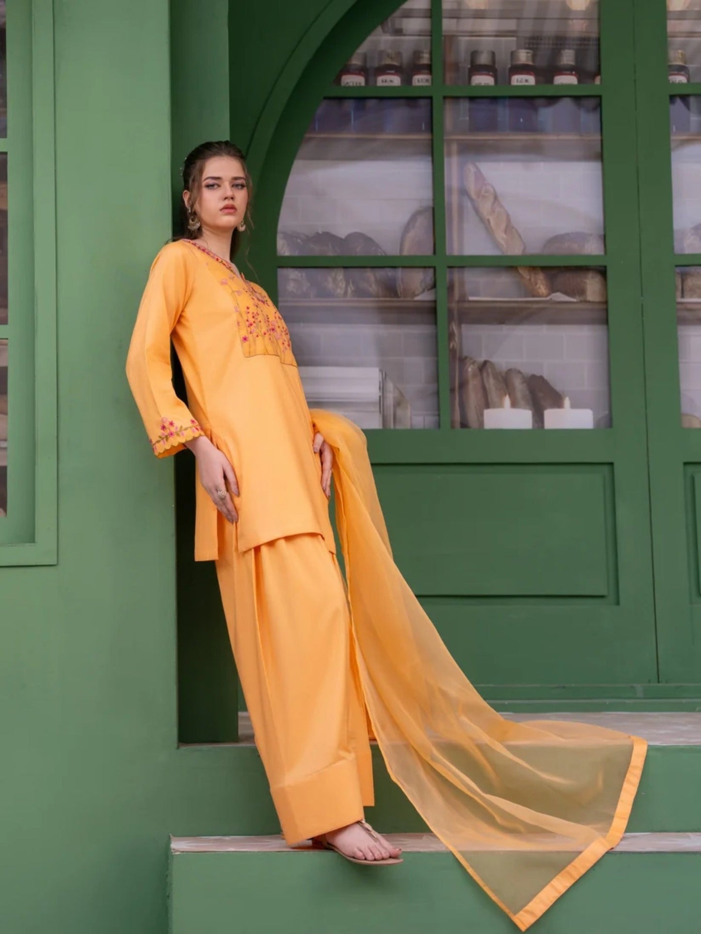 Peach-Hani & Umaima Cotton Embroidered Stitched 3-Piece Suit-Anaya