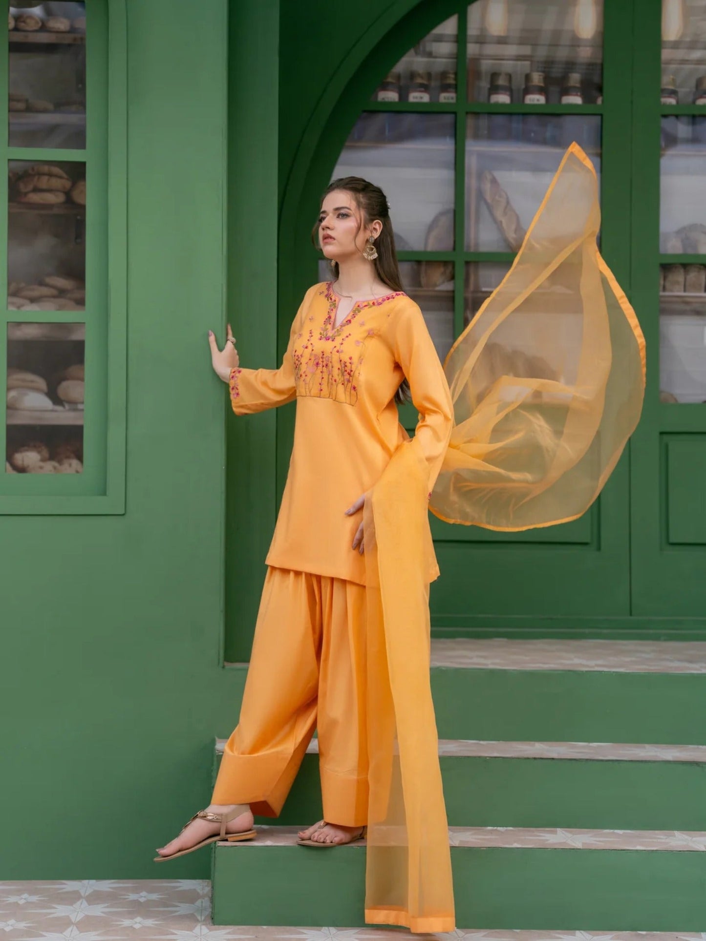 Peach-Hani & Umaima Cotton Embroidered Stitched 3-Piece Suit-Anaya