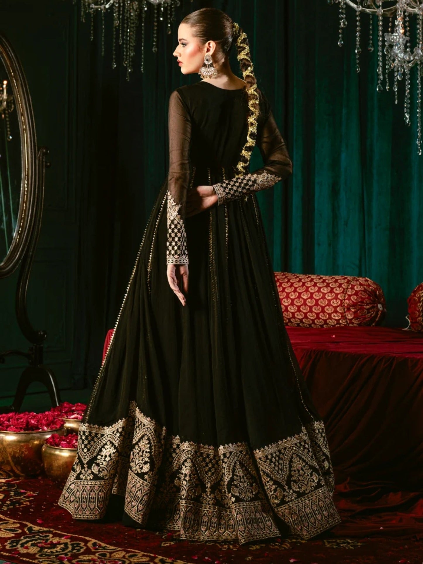Black-Hani & Umaima Chiffon Embroidered Pishwas-Wimza