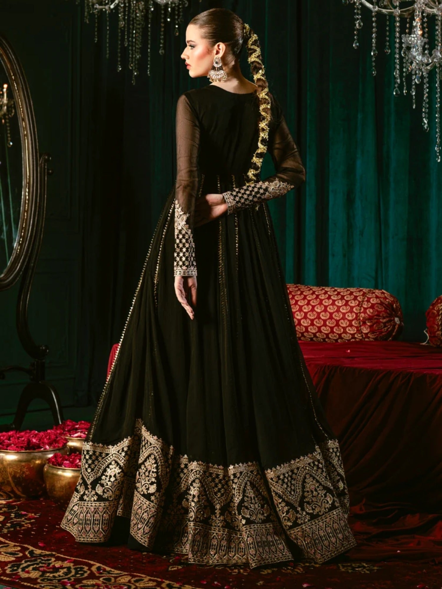 Black-Hani & Umaima Chiffon Embroidered Pishwas-Wimza