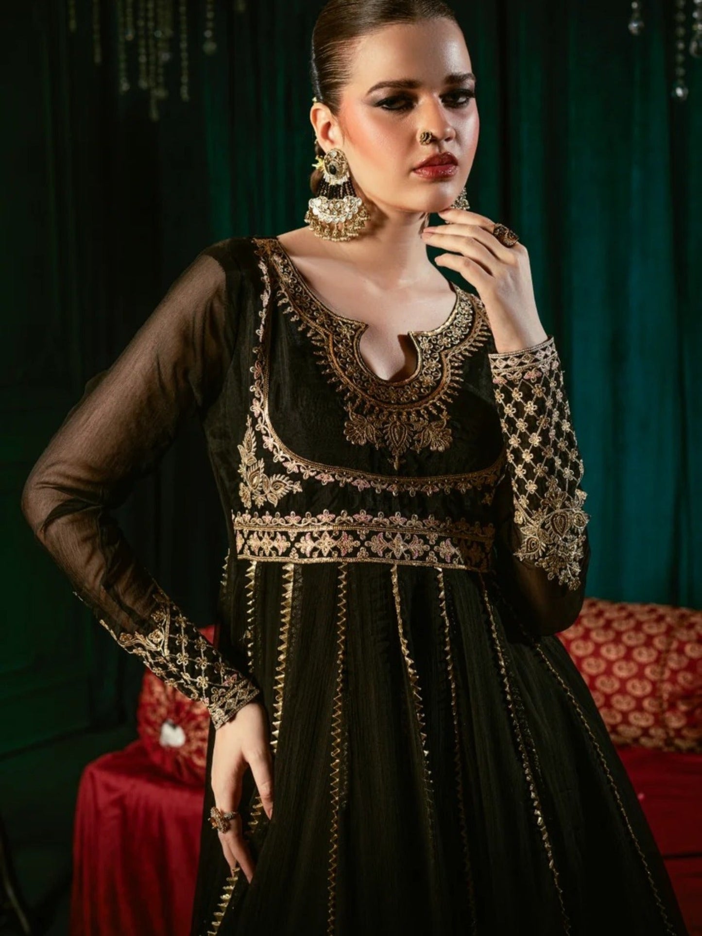 Black-Hani & Umaima Chiffon Embroidered Pishwas-Wimza