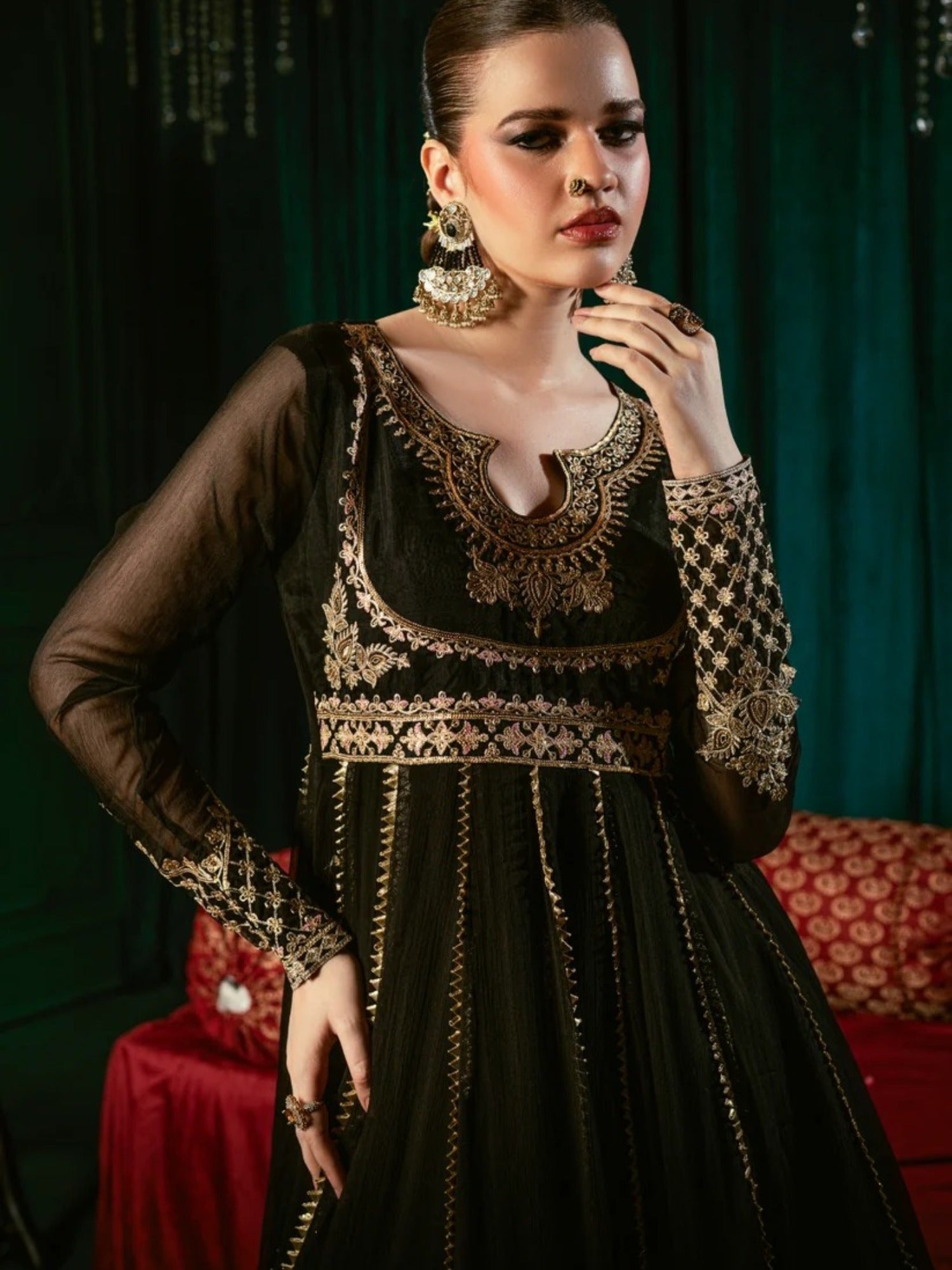 Black-Hani & Umaima Chiffon Embroidered Pishwas-Wimza