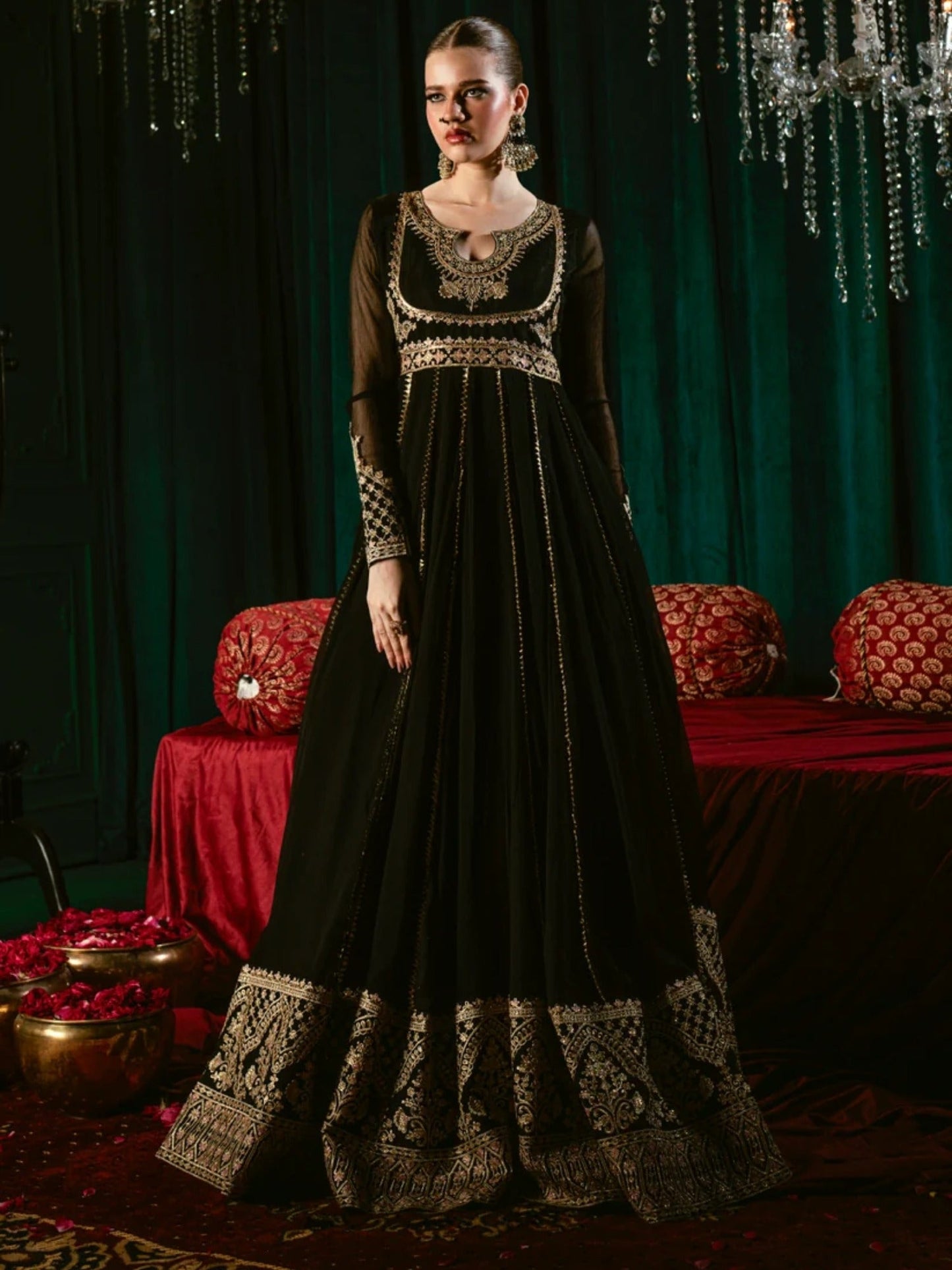 Black-Hani & Umaima Chiffon Embroidered Pishwas-Wimza
