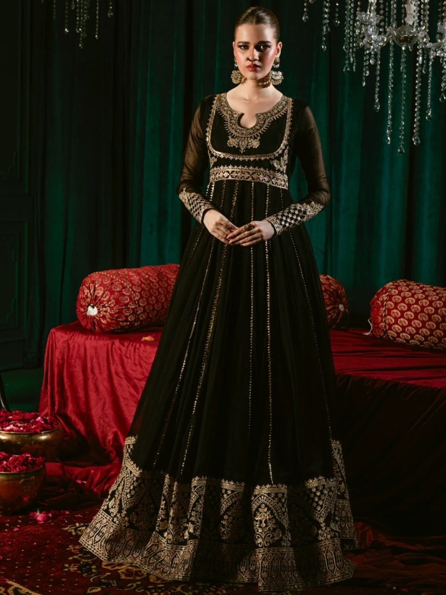 Black-Hani & Umaima Chiffon Embroidered Pishwas-Wimza