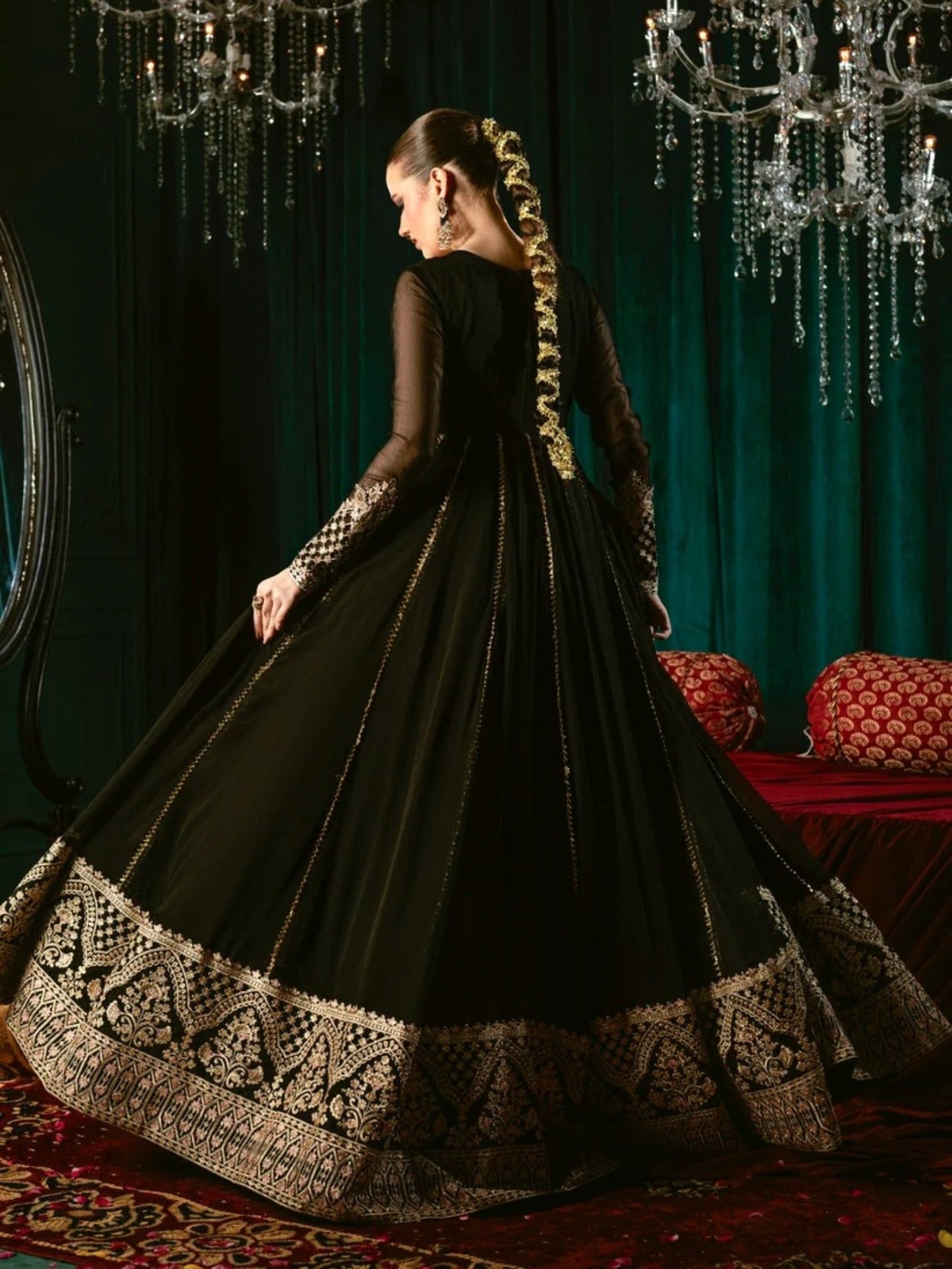 Black-Hani & Umaima Chiffon Embroidered Pishwas-Wimza