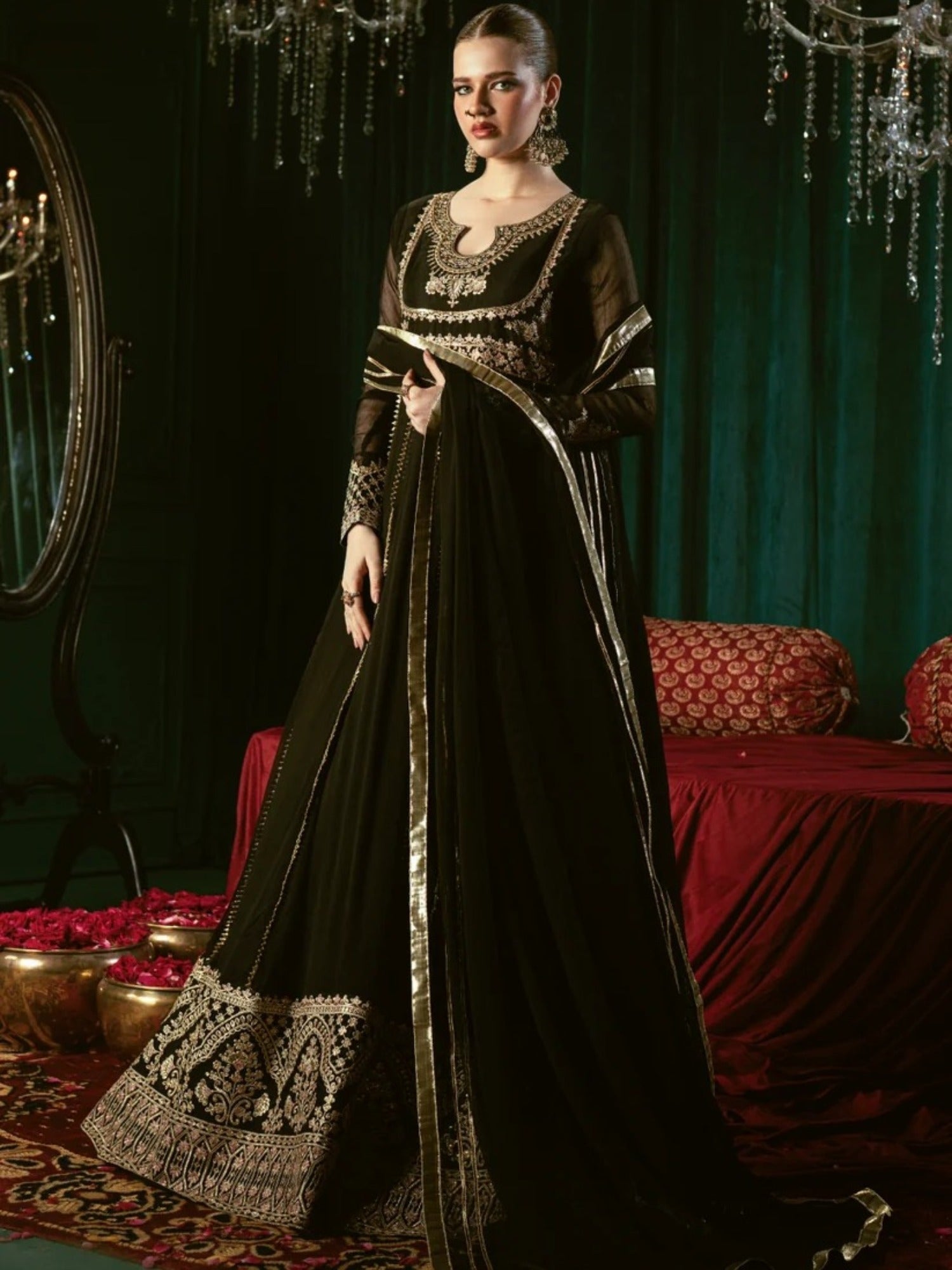 Black-Hani & Umaima Chiffon Embroidered Pishwas-Wimza