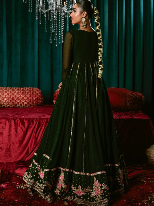 Green-Hani & Umaima Chiffon Embroidered Pishwas-Aizal