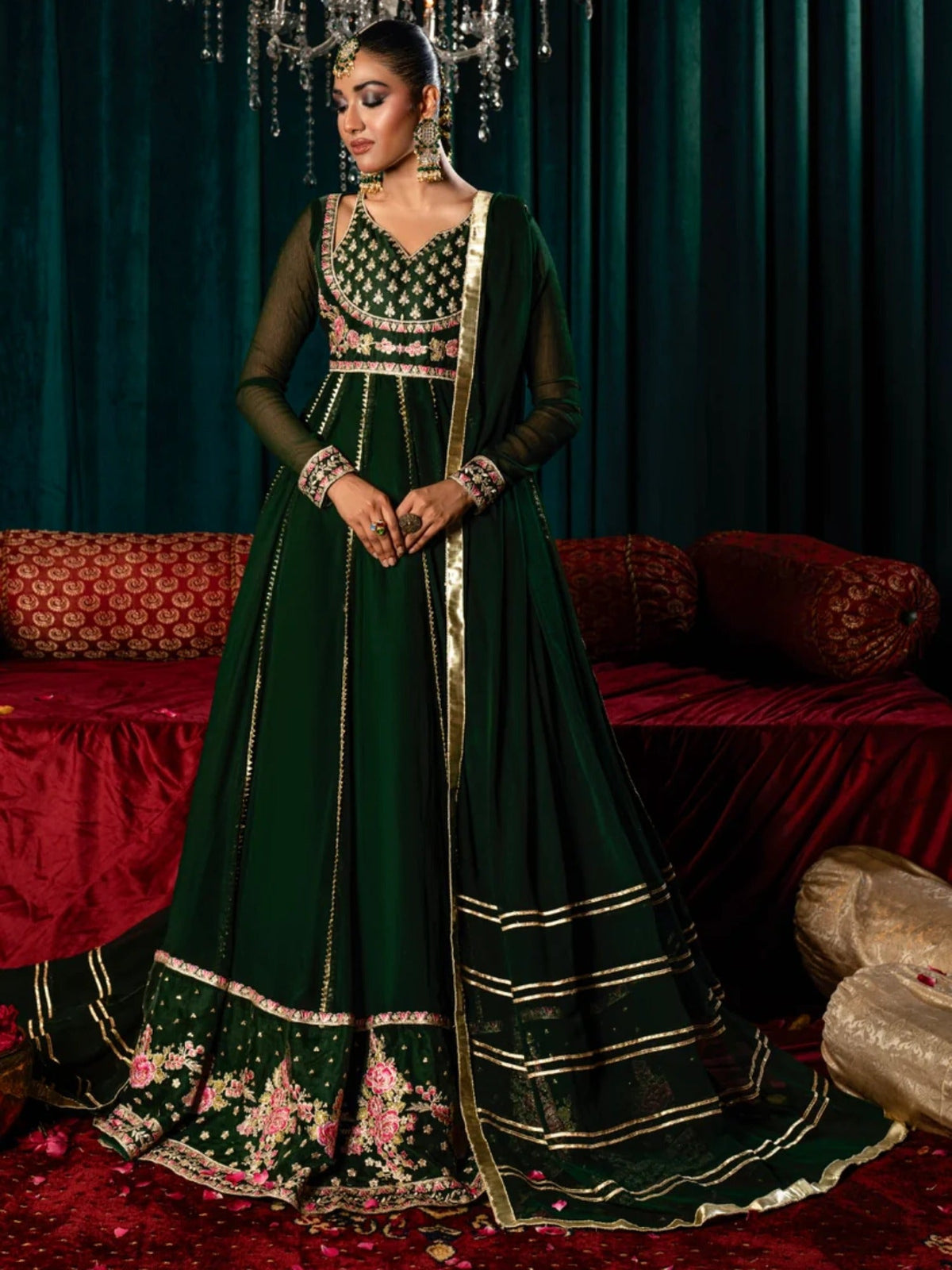 Green-Hani & Umaima Chiffon Embroidered Pishwas-Aizal