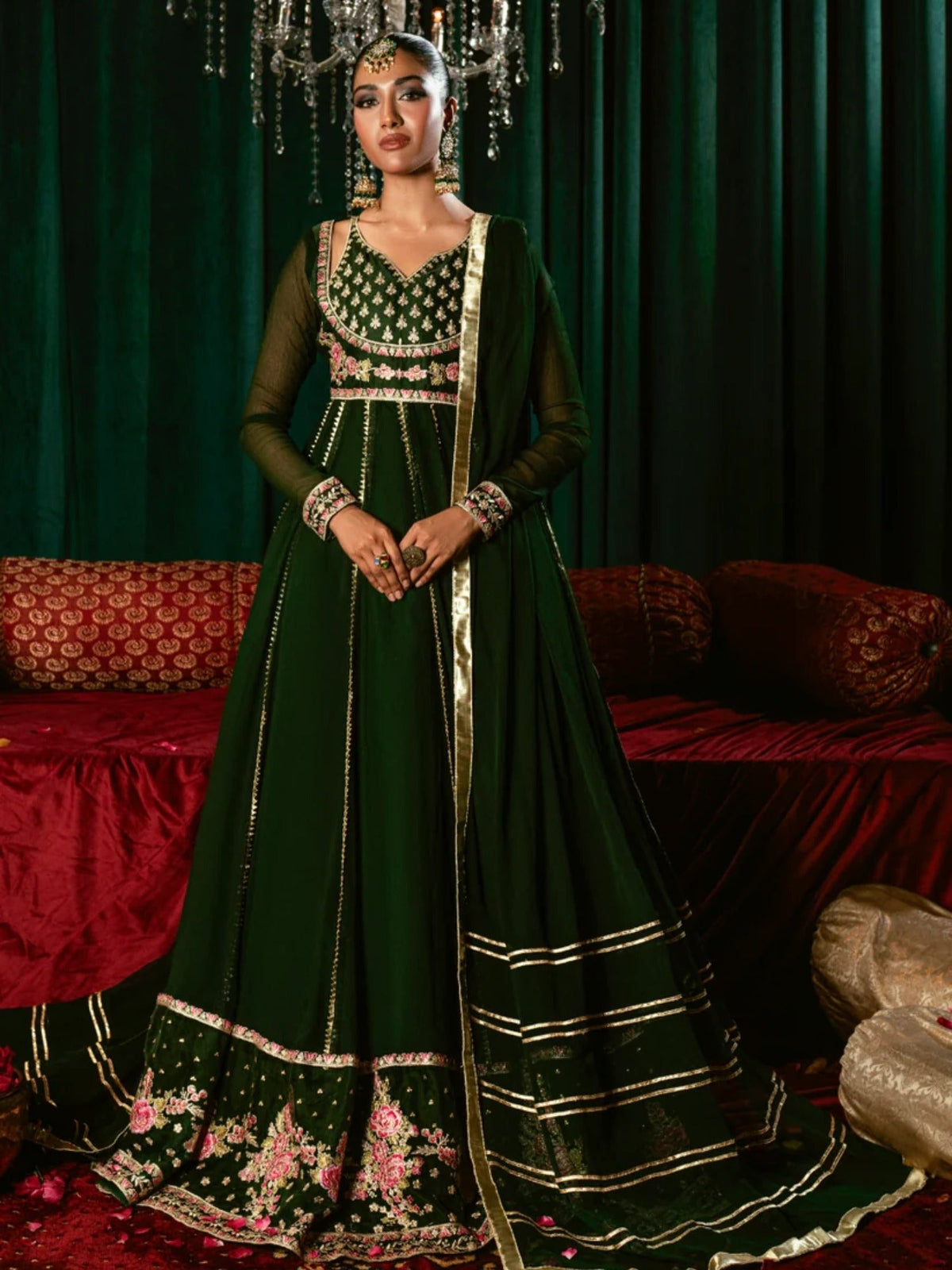 Green-Hani & Umaima Chiffon Embroidered Pishwas-Aizal