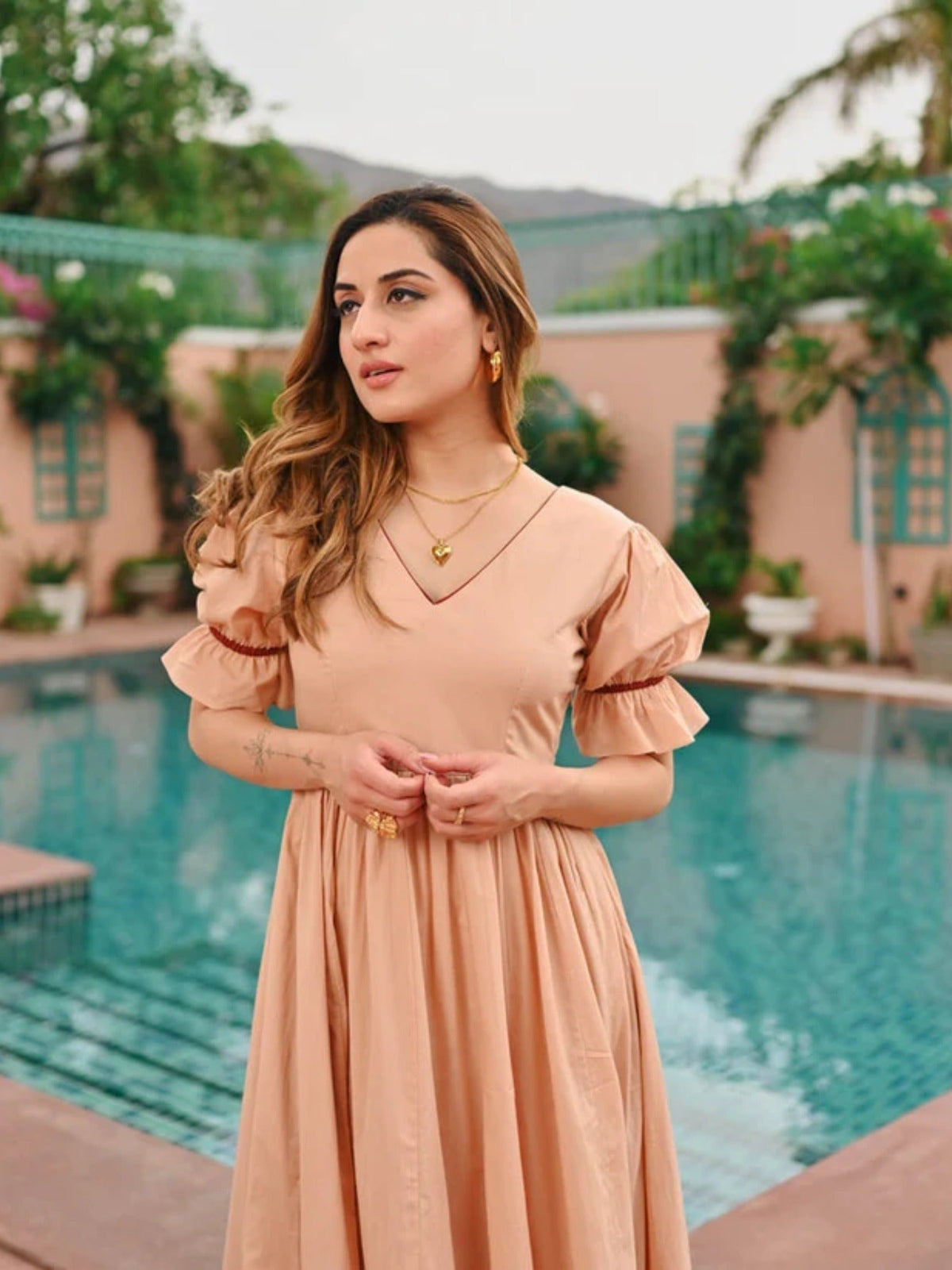 Beige-Hani & Umaima Cotton Dress-Adan
