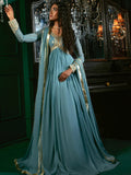 Sky Blue-Hani & Umaima Chiffon Embroidered Pishwas-Aasmani