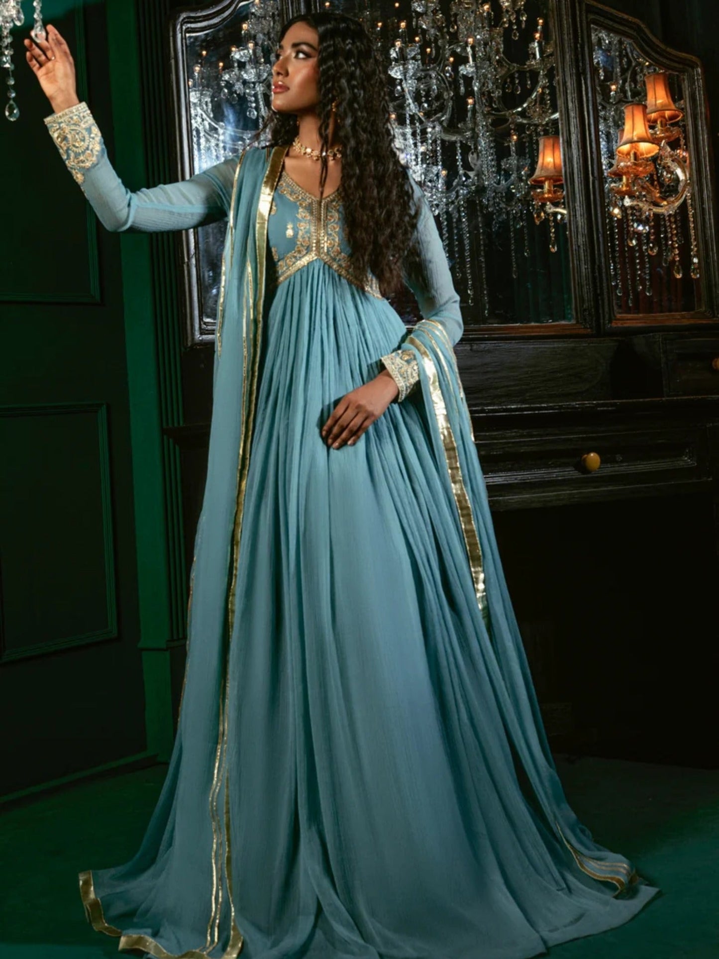 Sky Blue-Hani & Umaima Chiffon Embroidered Pishwas-Aasmani