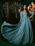 Sky Blue-Hani & Umaima Chiffon Embroidered Pishwas-Aasmani