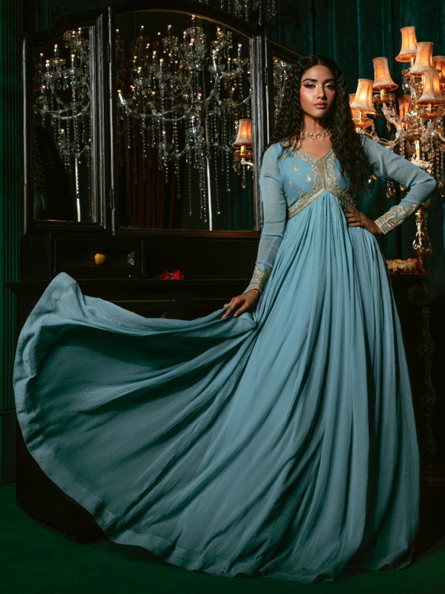 Sky Blue-Hani & Umaima Chiffon Embroidered Pishwas-Aasmani