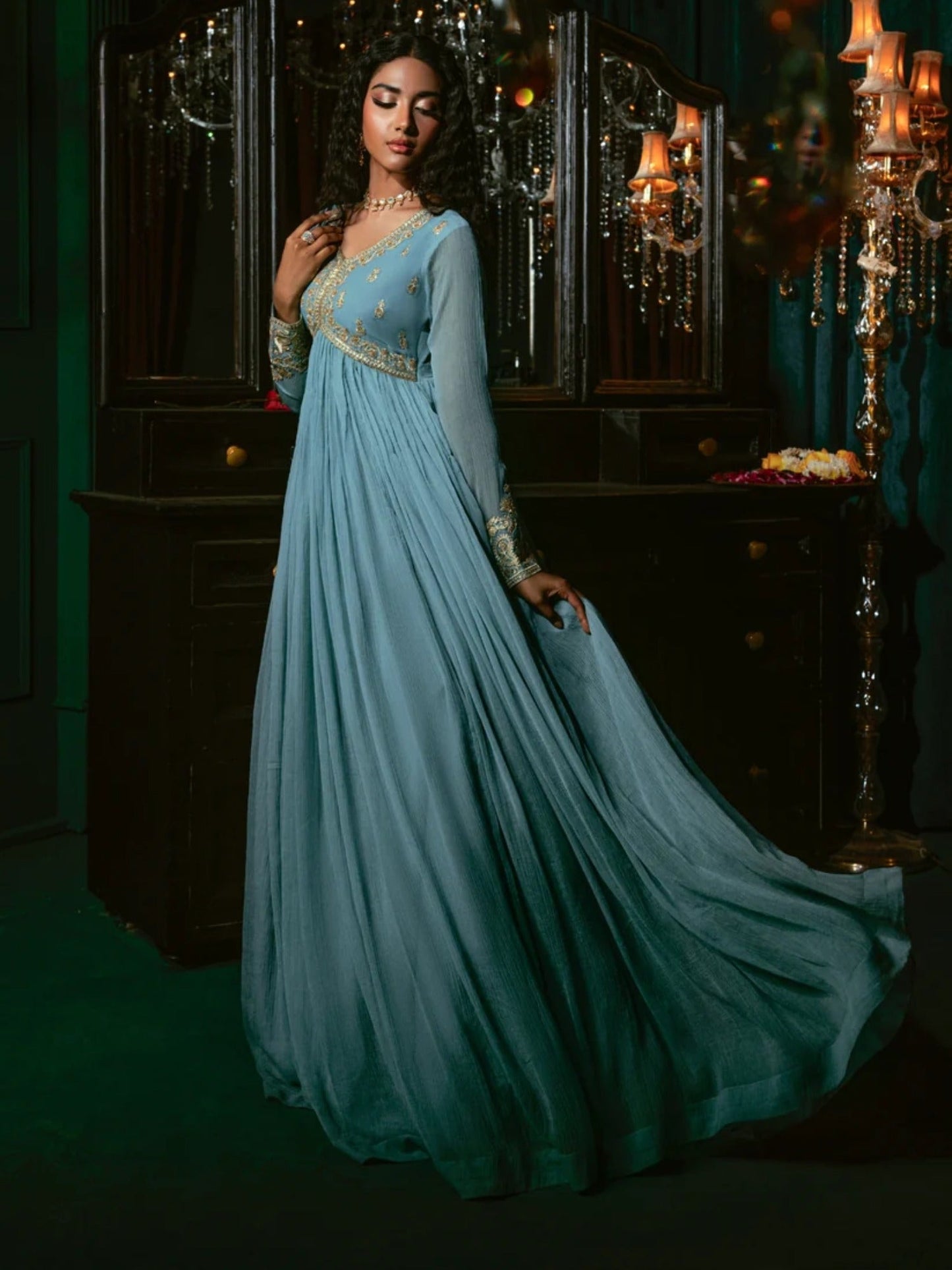 Sky Blue-Hani & Umaima Chiffon Embroidered Pishwas-Aasmani