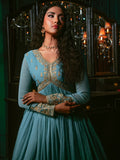 Sky Blue-Hani & Umaima Chiffon Embroidered Pishwas-Aasmani