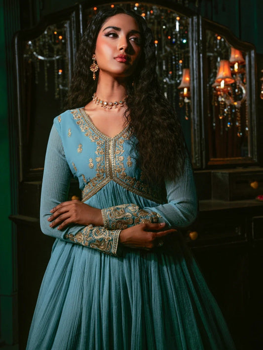 Sky Blue-Hani & Umaima Chiffon Embroidered Pishwas-Aasmani