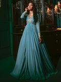 Sky Blue-Hani & Umaima Chiffon Embroidered Pishwas-Aasmani