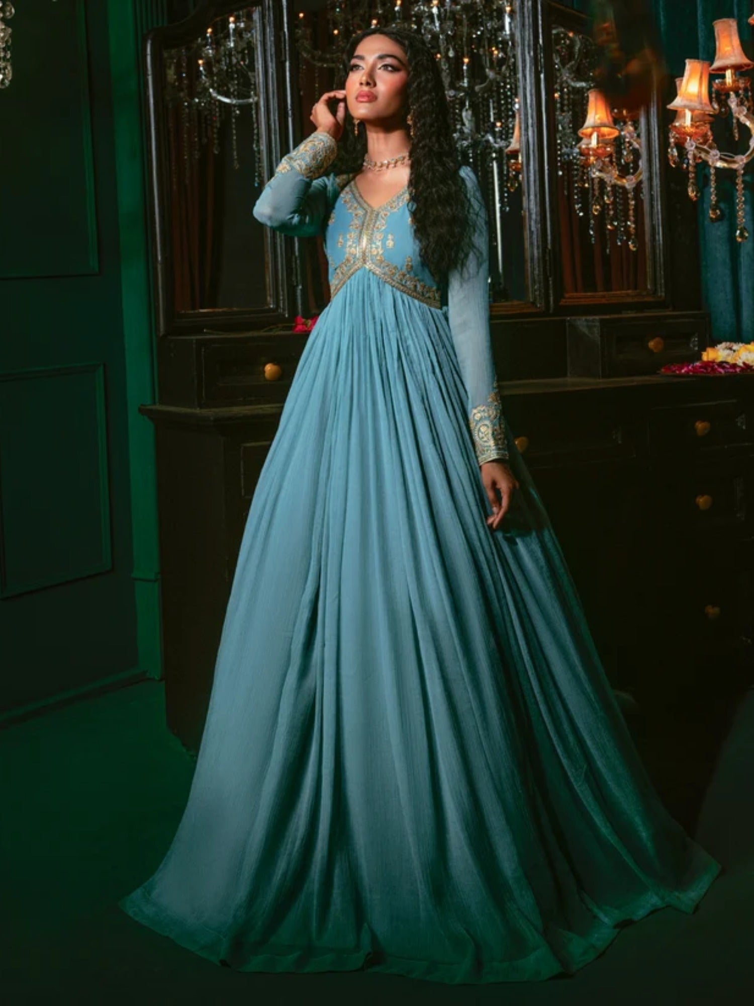 Sky Blue-Hani & Umaima Chiffon Embroidered Pishwas-Aasmani