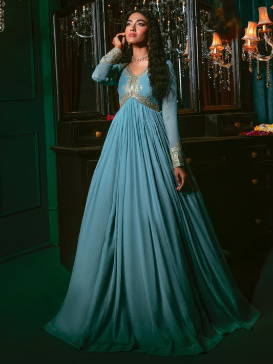 Sky Blue-Hani & Umaima Chiffon Embroidered Pishwas-Aasmani