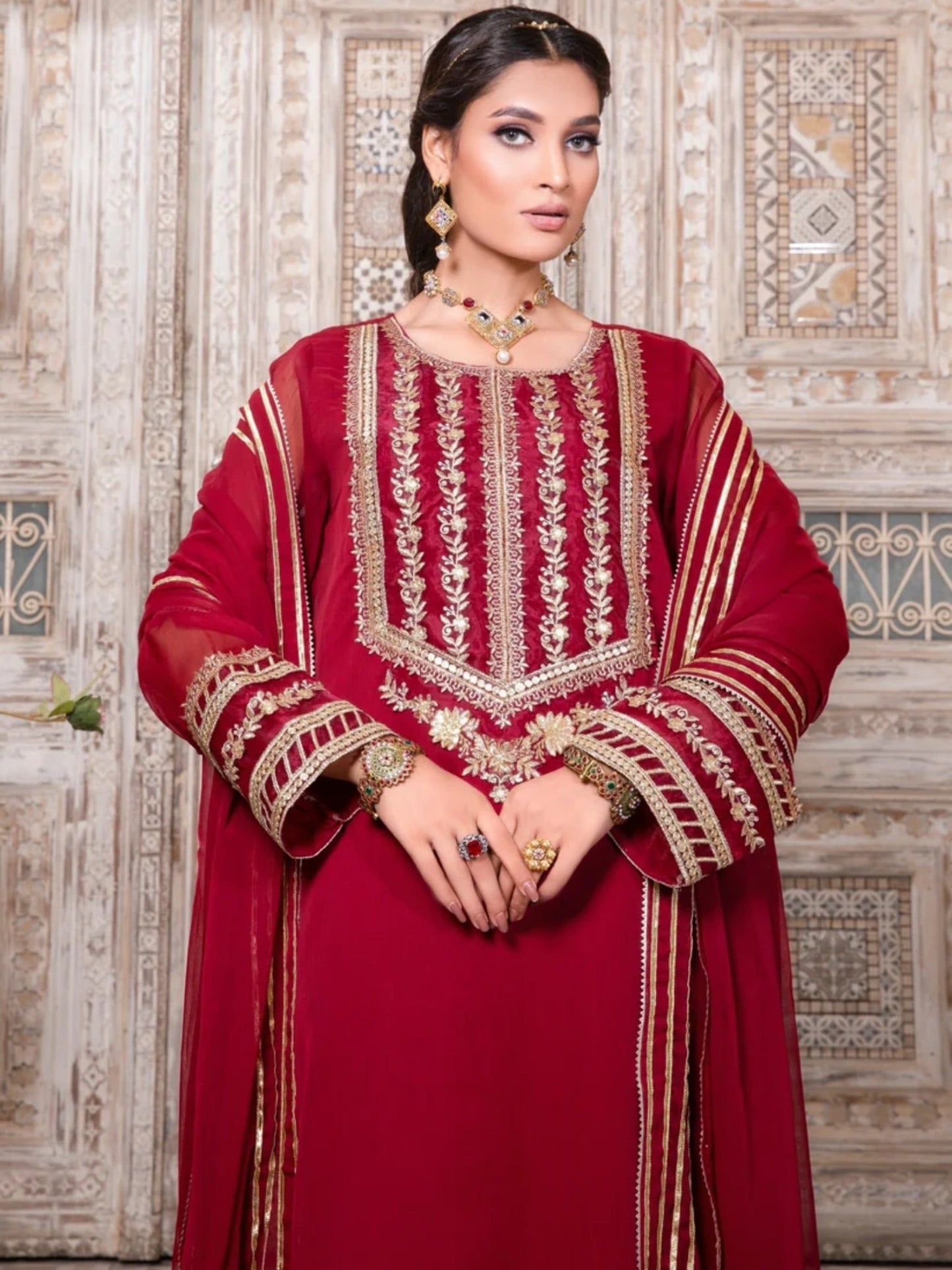 Maroon-Hani & Umaima Chiffon Embroidered Stitched 3-Piece Suit-Roshan