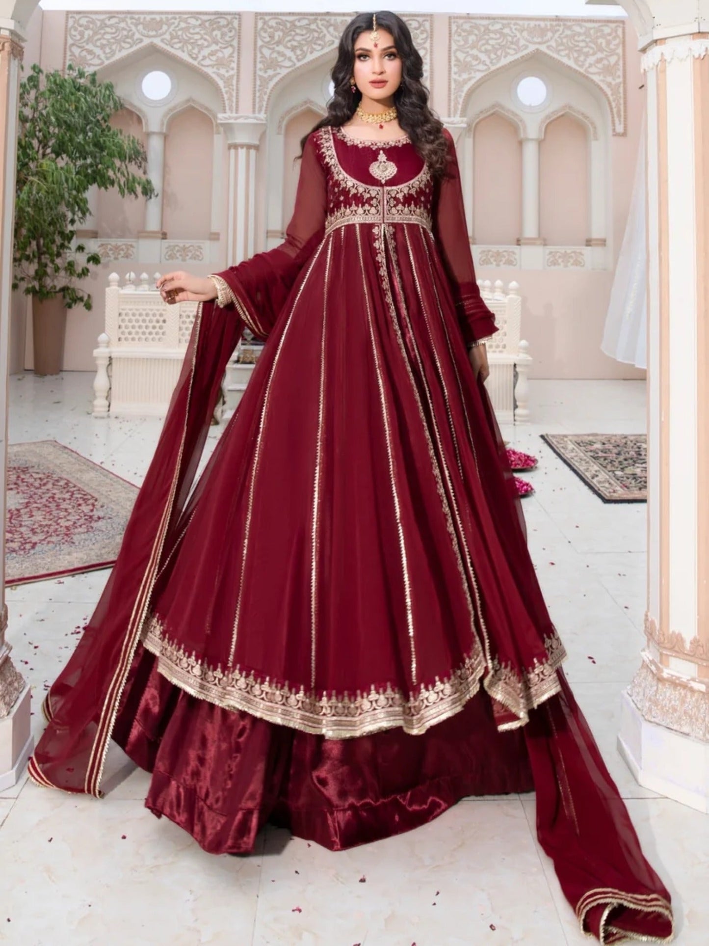 Maroon-Hani & Umaima Chiffon Embroidered Pishwas-Mahi