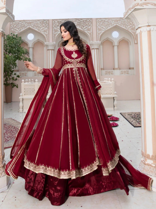 Maroon-Hani & Umaima Chiffon Embroidered Pishwas-Mahi