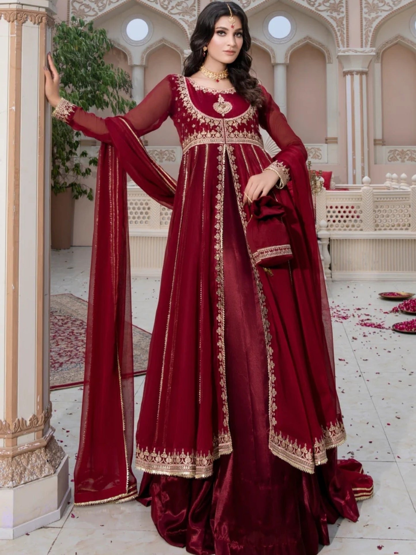 Maroon-Hani & Umaima Chiffon Embroidered Pishwas-Mahi