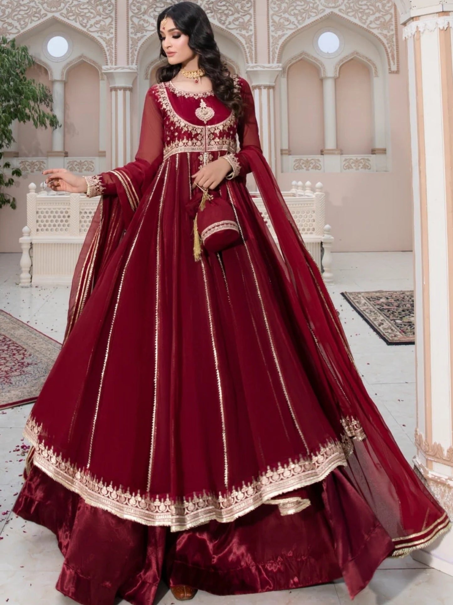 Maroon-Hani & Umaima Chiffon Embroidered Pishwas-Mahi