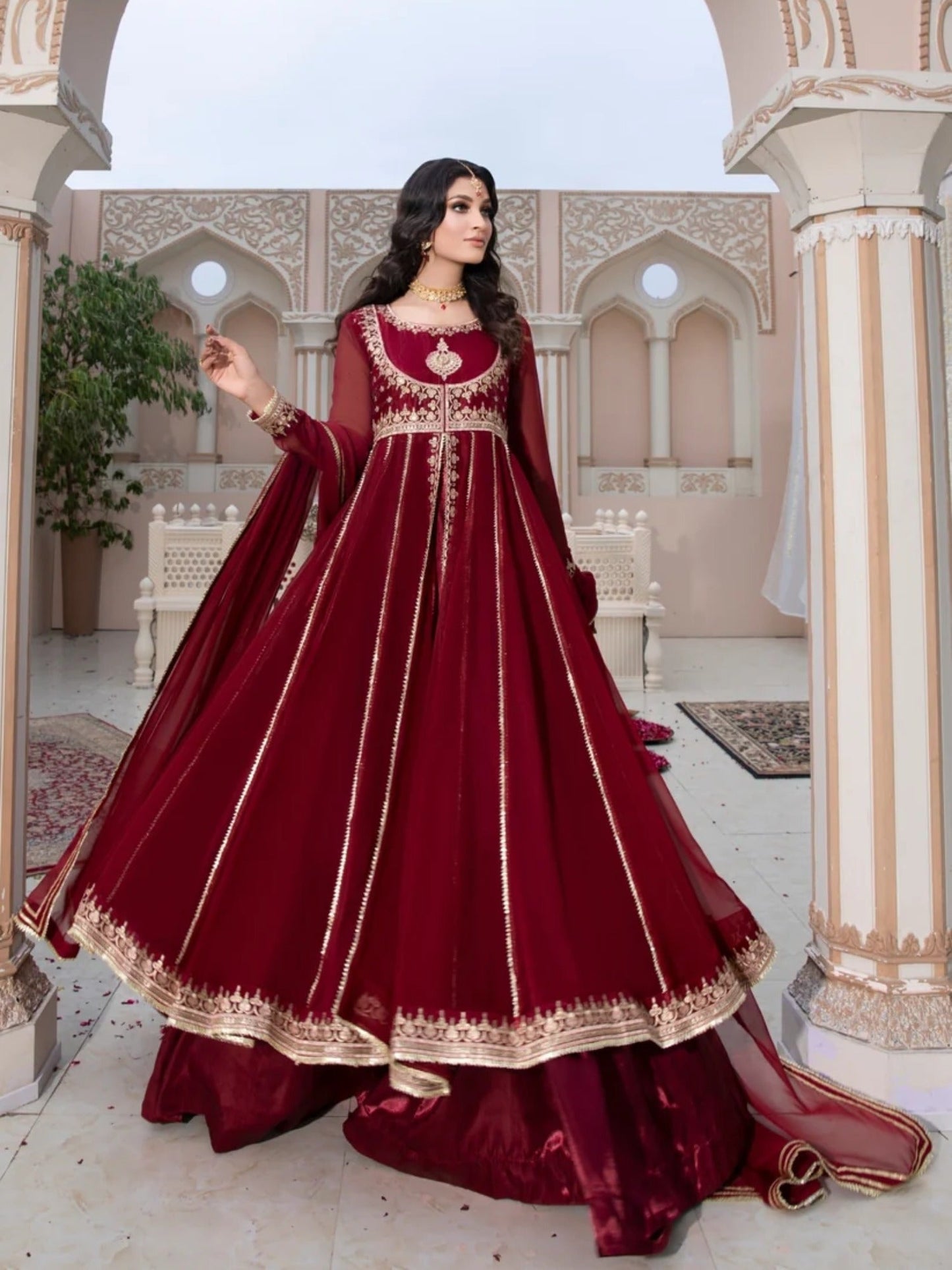 Maroon-Hani & Umaima Chiffon Embroidered Pishwas-Mahi