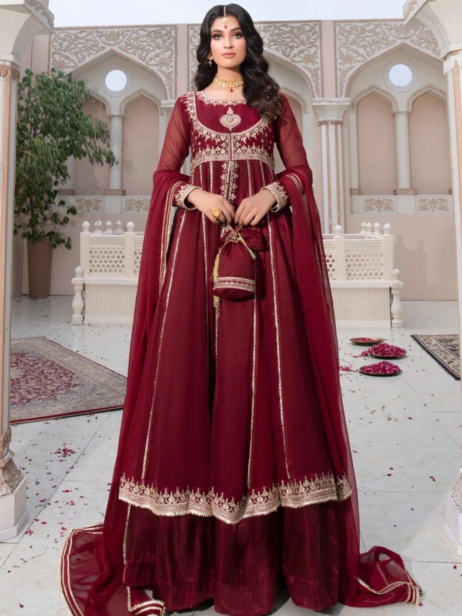 Maroon-Hani & Umaima Chiffon Embroidered Pishwas-Mahi