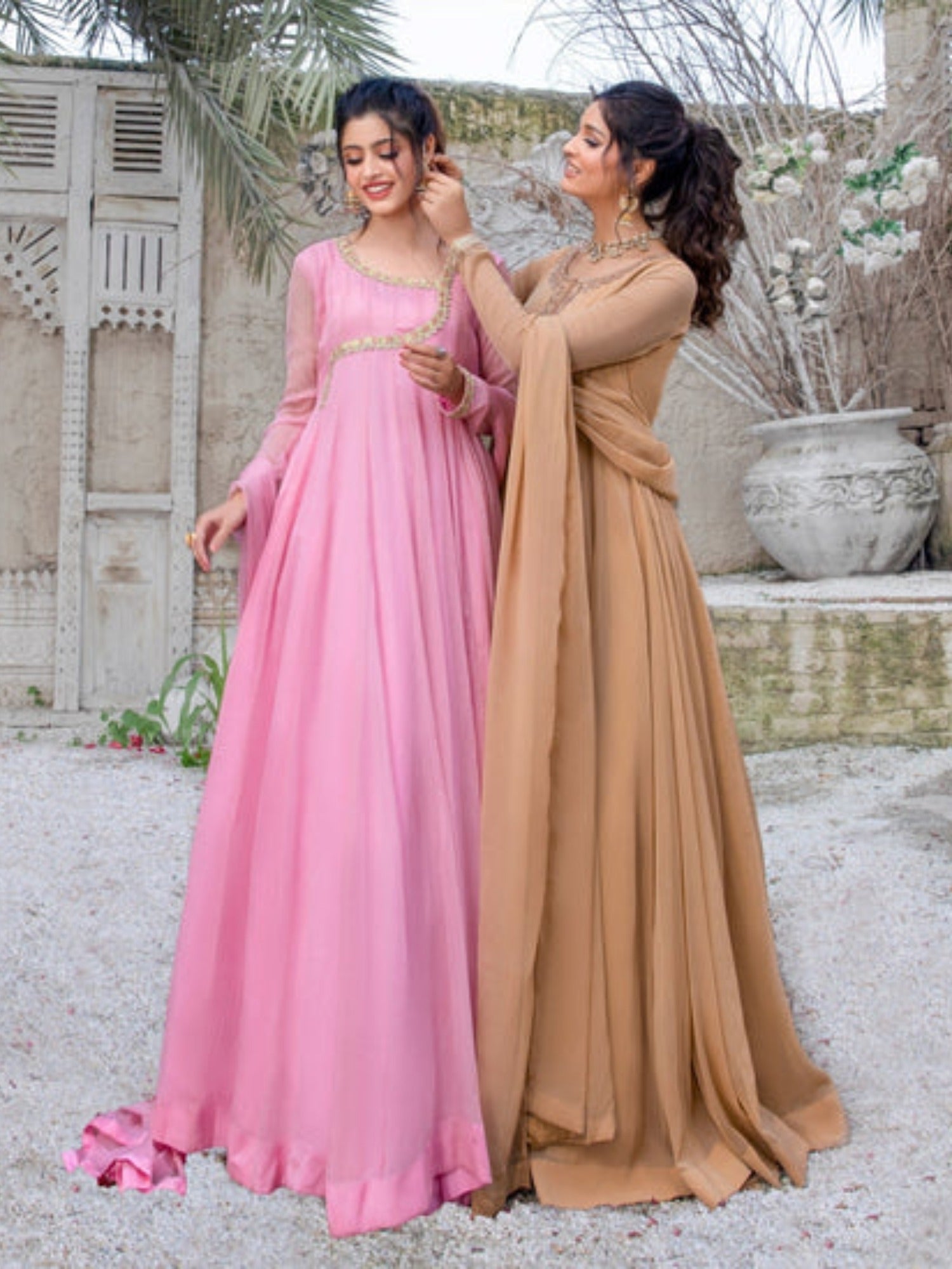 Beige-Hani & Umaima Chiffon Embroidered Pishwas-Roohi