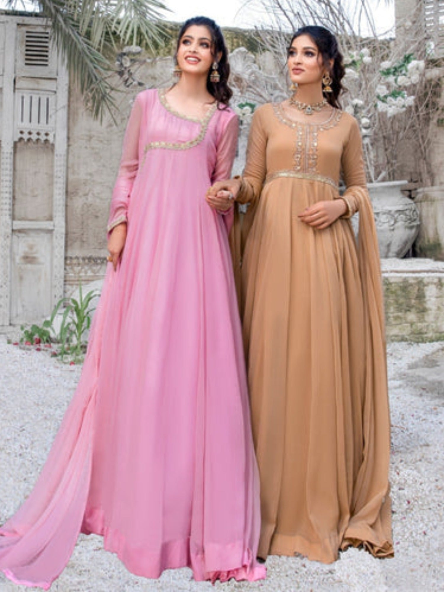 Beige-Hani & Umaima Chiffon Embroidered Pishwas-Roohi