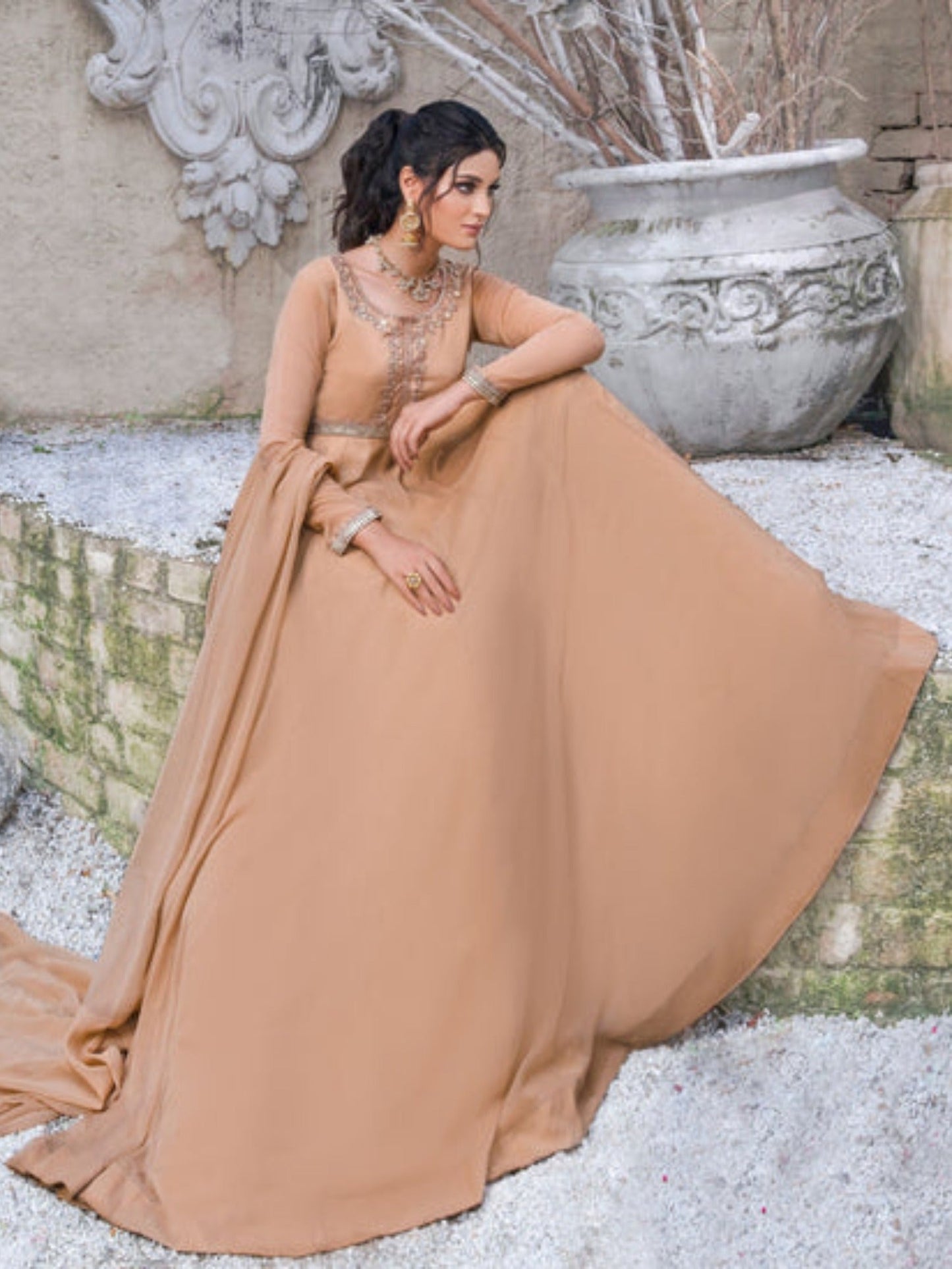Beige-Hani & Umaima Chiffon Embroidered Pishwas-Roohi