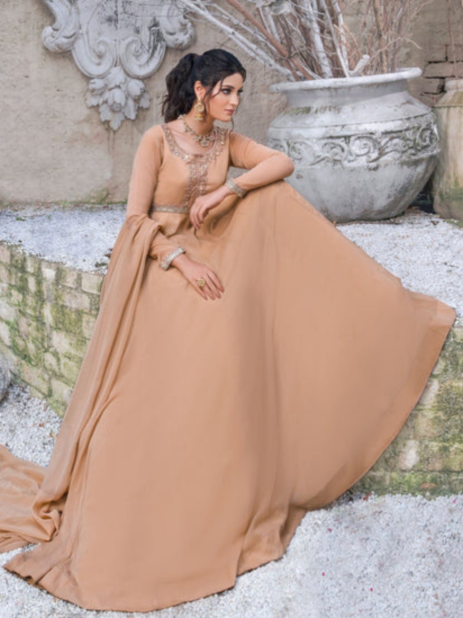 Beige-Hani & Umaima Chiffon Embroidered Pishwas-Roohi