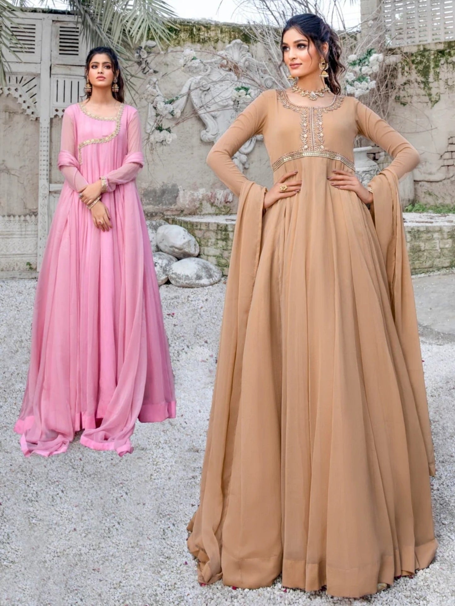Beige-Hani & Umaima Chiffon Embroidered Pishwas-Roohi